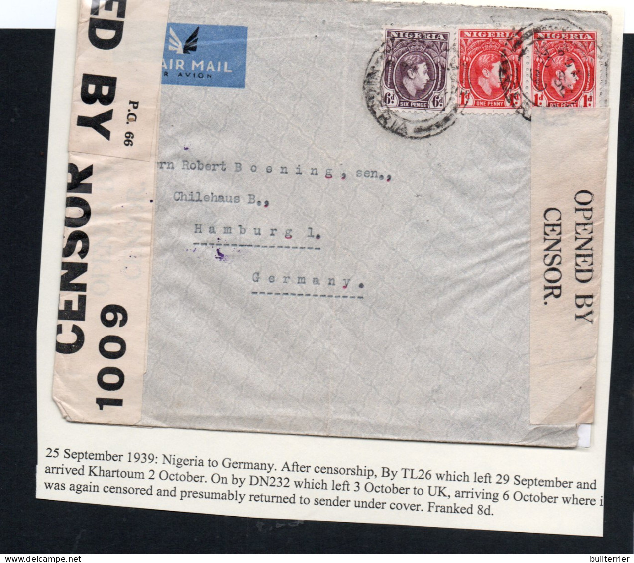 NIGERIA - 1939 - CENSORED  AIRMAIL COVER TO GERMANY  - Nigeria (...-1960)