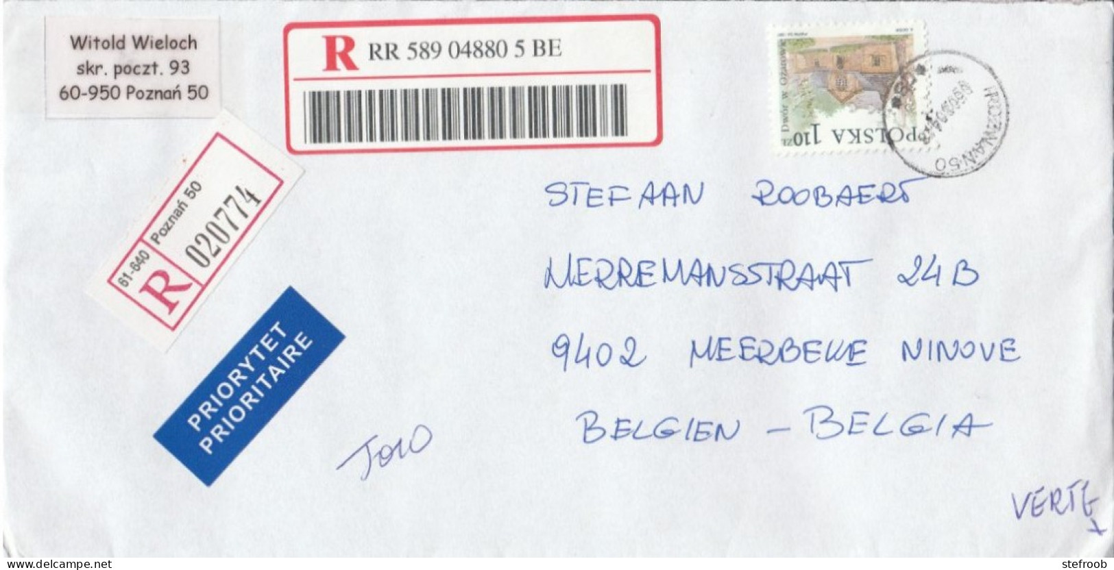 Aangetekende Brief Uit Polen (POZNAN) Naar België.  Mooie Afstempeling - 2003 - 2 Blokken Op Achterzijde - Storia Postale