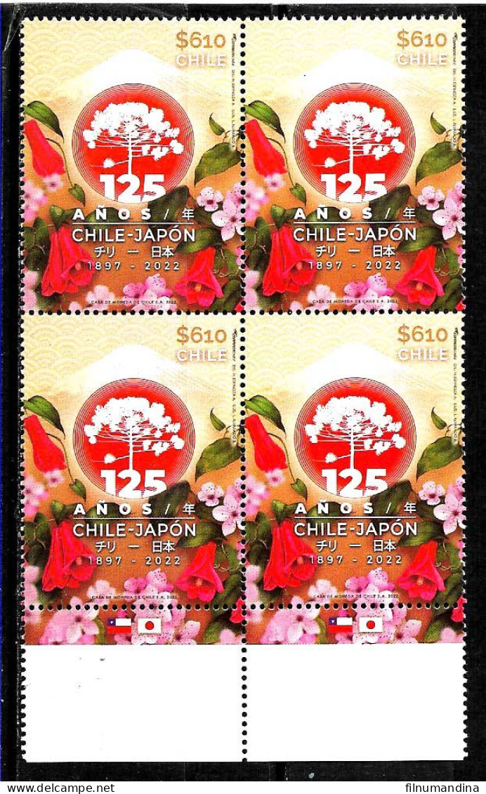 #2585A CHILE 2022 JAPAN DIPLOMATIC RELATIONN ANIV FLOWERS MOUNTAIN BLOC OF 4 MNH YV 2191 - Chile