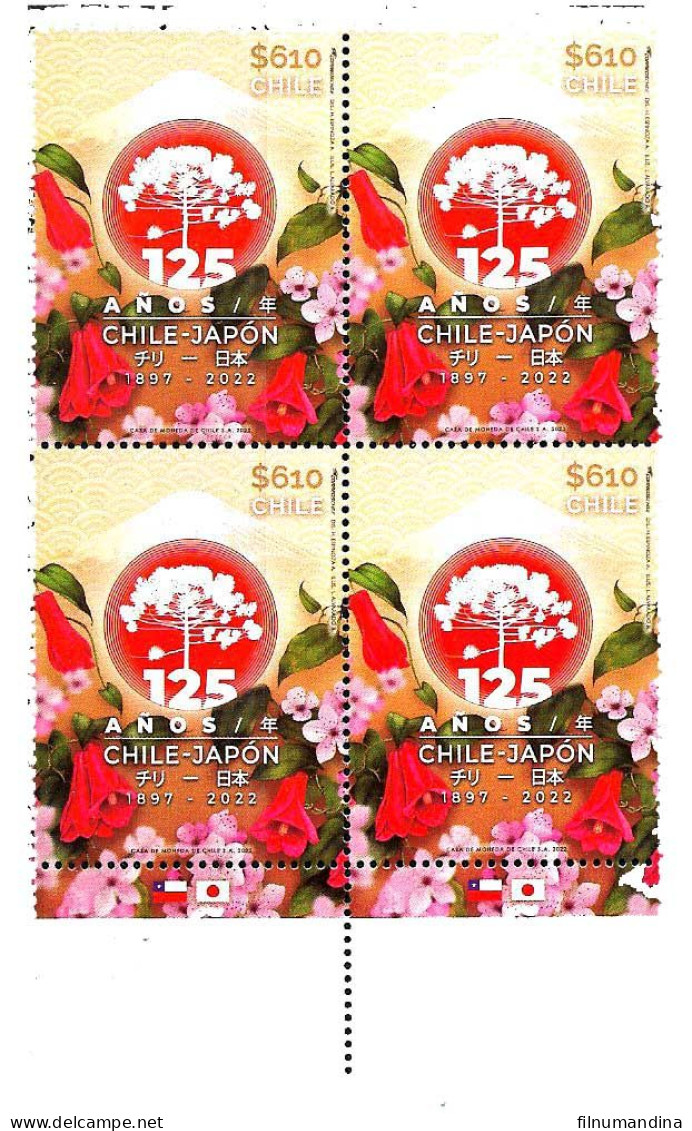 #2585A CHILE 2022 JAPAN DIPLOMATIC RELATIONN ANIV FLOWERS MOUNTAIN BLOC OF 4 MNH YV 2191 - Chile