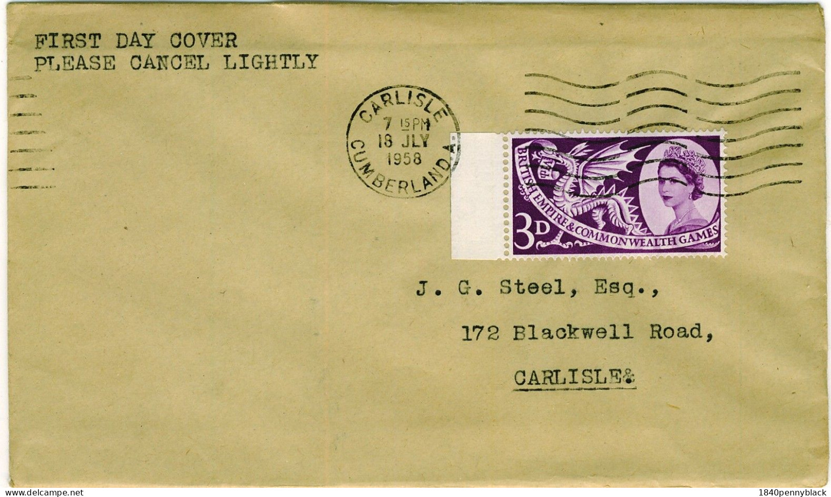 GB QE2 1958 3d Empire Games On Plain First Day Cover SG 567 From Carlisle, Cumberland - 1952-1971 Em. Prédécimales