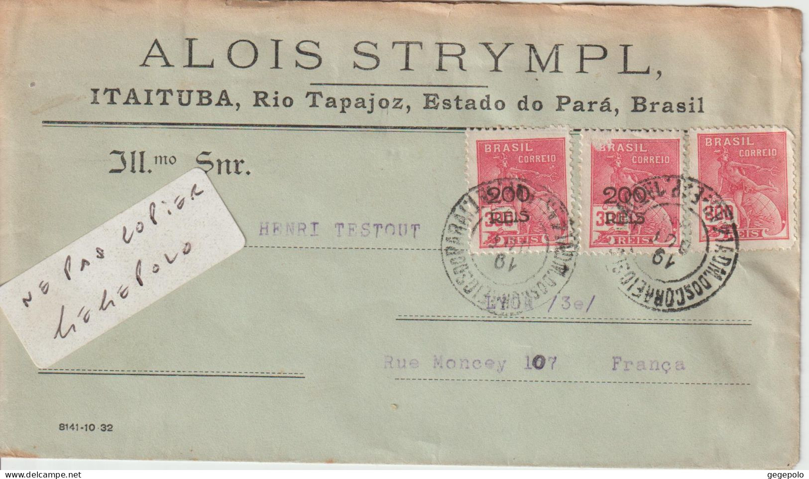 BRESIL -  ITAITUBA - ALOIS STRYMPL - Enveloppe Seule ( Format 16,5 Cm X 9,3 Cm ) à Destination De Lyon En France - Autres & Non Classés