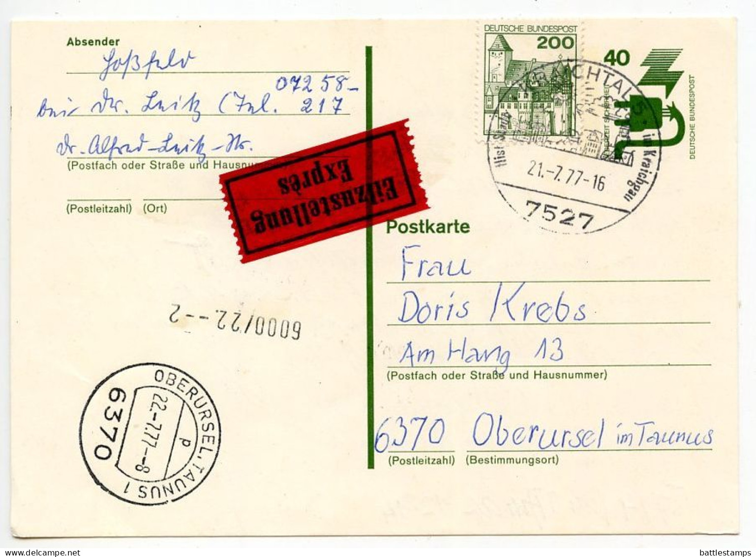 Germany, West 1977 Uprated 40pf. Electrical Safety Postal Card; Kraichtal To Oberusel; Express Label - Cartes Postales - Oblitérées