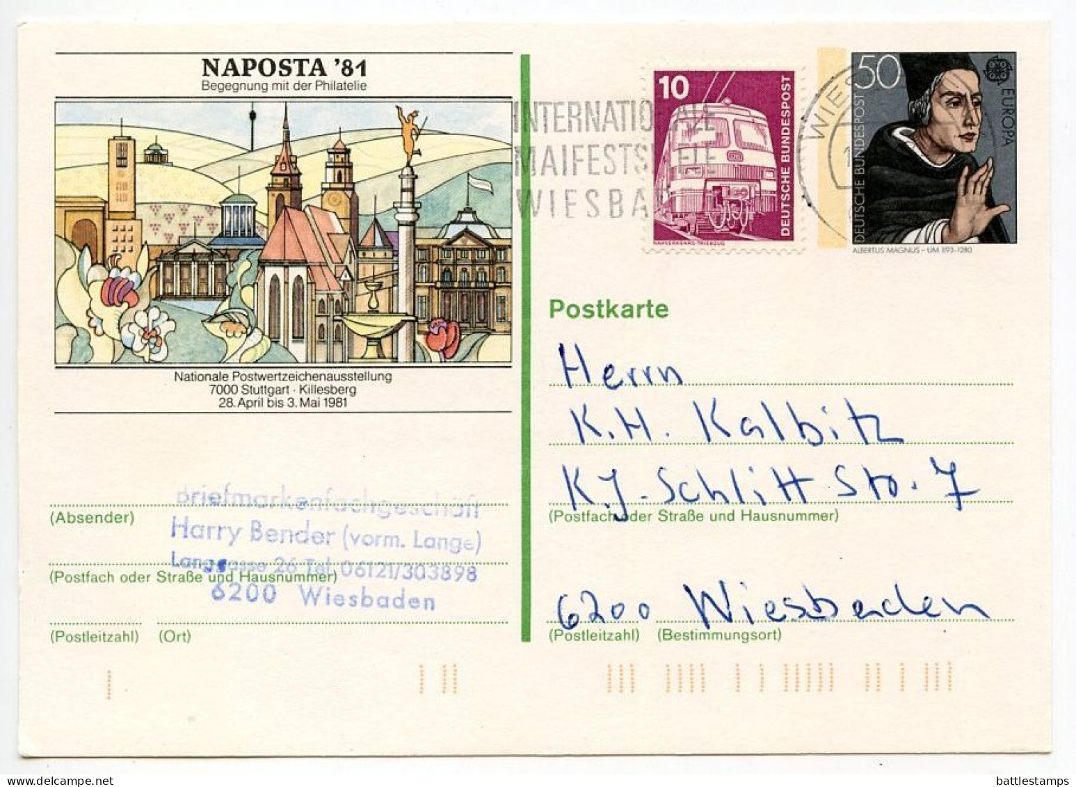 Germany, West 1980's Uprated 50pf. NAPOSTA '81 / Albertus Magnus Postal Card; Wiesbaden Slogan Cancel - Bildpostkarten - Gebraucht