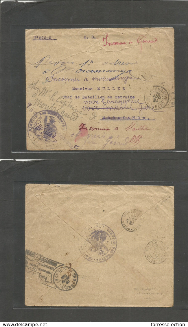 FRC - Madagascar. 1921 (29 Oct) Tanamarive - Moramanga - Garaud, Madhe. Official Mail Fwded Multifkd Local Envelope With - Sonstige & Ohne Zuordnung