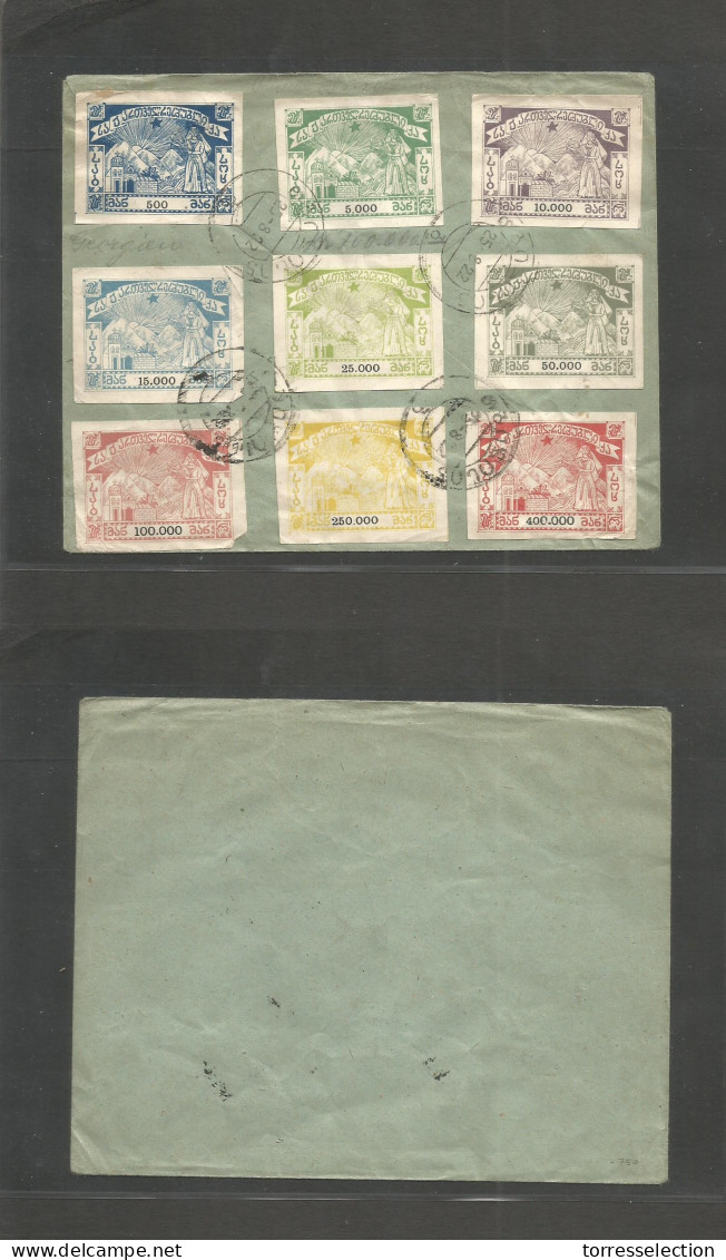 GEORGIA. 1922 (25 Aug) Early Inflation Days. Envelope Showing Nine Diff Imperf Stamps, Values To 400,000 Tied Cds. Stamp - Georgien