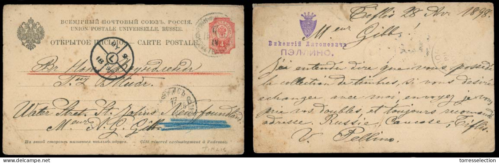 GEORGIA. 1898 (28 April). Tiflis - UK - Newfoundland - Canada. 4k Red Stat Card With Crown Comercial Seal On Reverse. Xt - Georgia