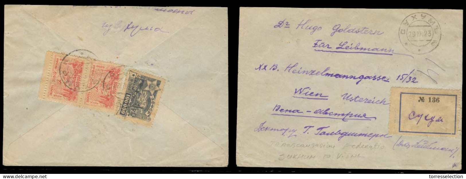 GEORGIA. 1923 (29 Oct). Transcaucasian Federation. Sukhum - Austria. Reg Reverse Fkd Env. Manuscript Town Reg Label. Fin - Georgien