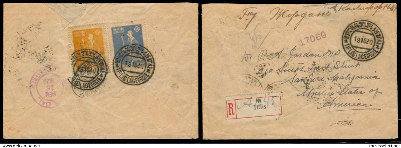 GEORGIA. 1920 (19 Oct). Tiflis - USA. Reg Reverse Fkd Env. R-label + VF Heat Bilingual Cancel. Fine. - Georgië