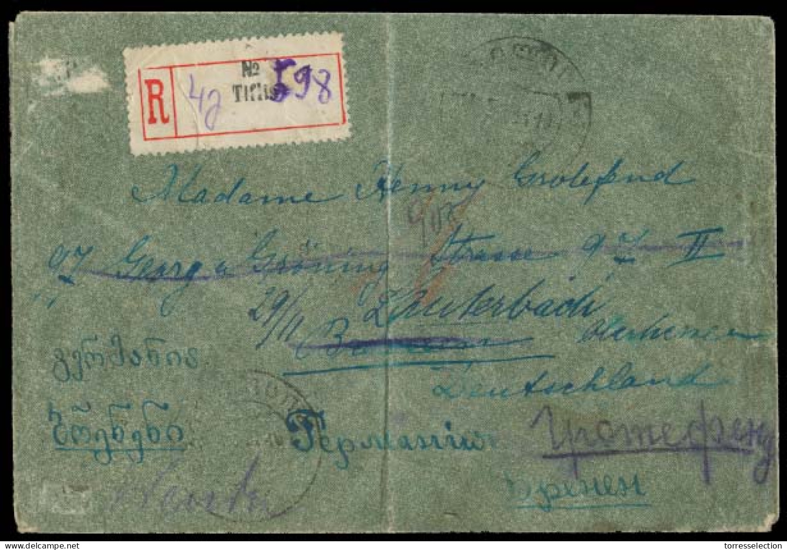 GEORGIA. 1920 (8 Nov). Tiflis - Bremen, Fwded To Lanterbach / Germany. Reg Reverse Fkd Env. Arrival Cancel Also On Georg - Georgië