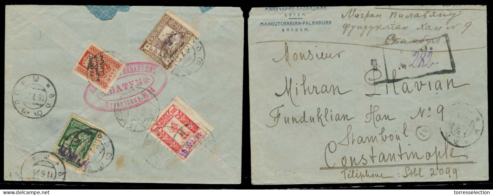 GEORGIA. 1923 (20 Feb). Batum - Constantinople / Turkey Inflation Period. Reg Multifkd (x4 Diff) Env. Not A Common Dest  - Georgia