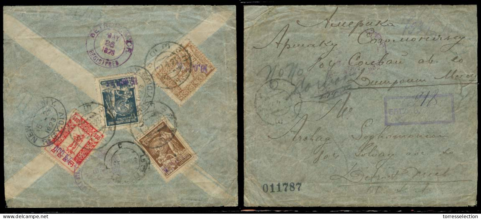 GEORGIA. 1923 (22 April). Batum - USA / Detroit. Reg Mutlifkd X 4 Diff Values Inflation Period / Tied Cds + Arrival Canc - Georgien