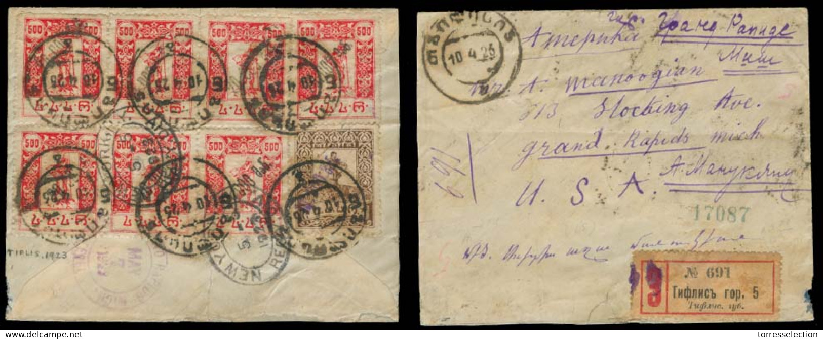 GEORGIA. 1923 (10 April). Tiflis (Bureau 5) - USA / Michigan. Reg Multifkd Env (x8 Incl Multiples) Tied Cds. Inflation P - Georgien