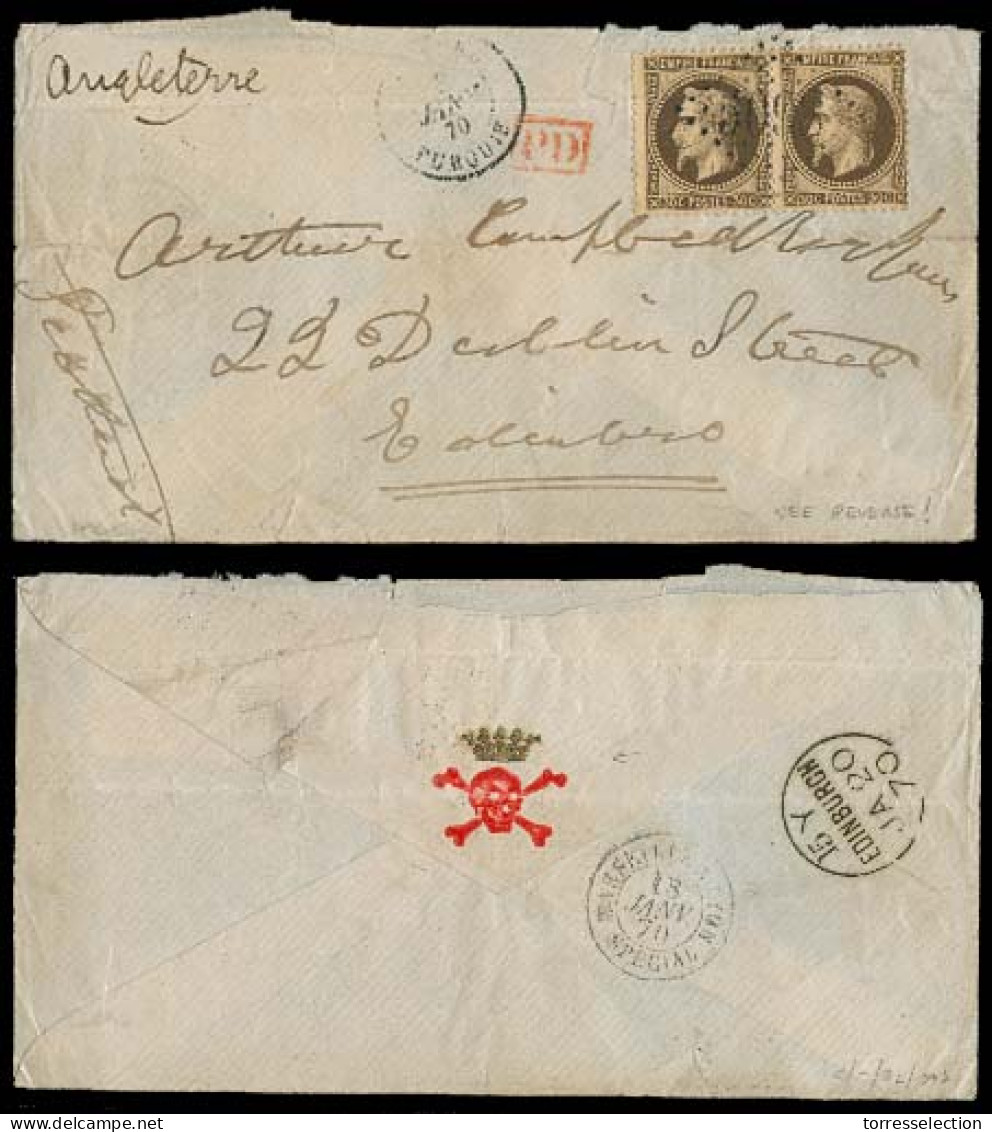 FRENCH LEVANT. 1870 (3 Jan). Smyrne - Scotland / Edimburgh. Fkd Env 30c Pair + Cds. Skulls + Gold Crown Logo On Reverse  - Sonstige & Ohne Zuordnung