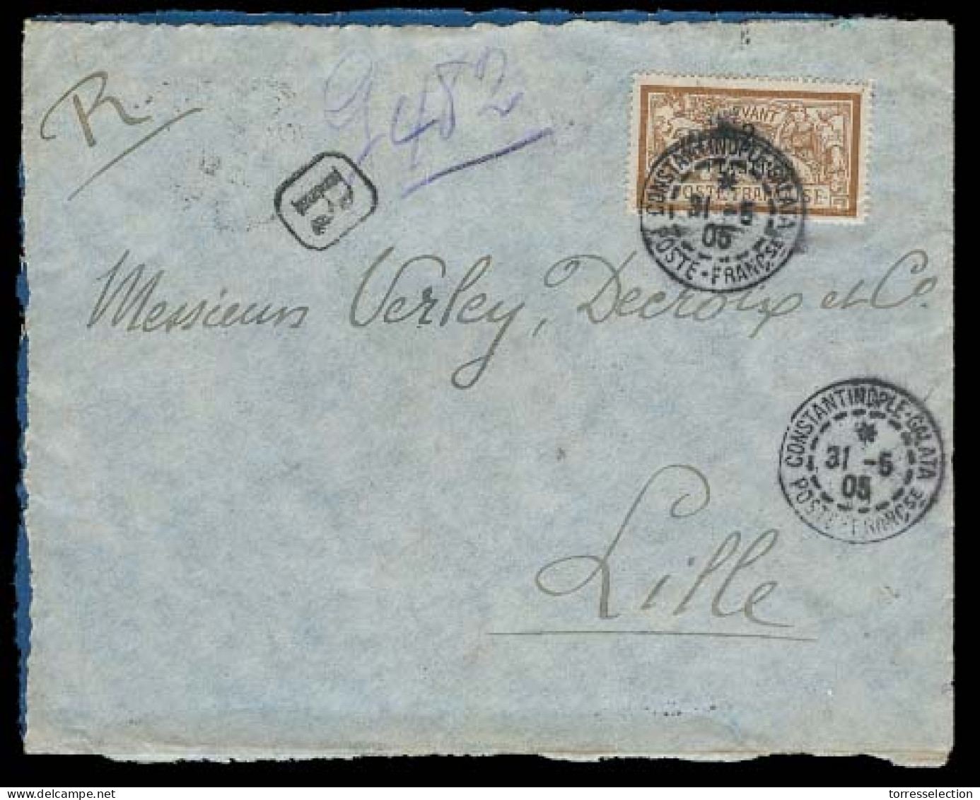 FRENCH LEVANT. 1905. Constantinople - Lille / France. Registr Fkd 2 Piaster Ovptd Stamp. - Autres & Non Classés