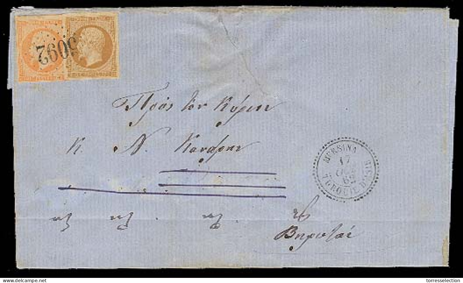 FRENCH LEVANT. 1862 (17 Oct). Mersina - Turquie De Asia - Beyrouth. E Frkd France 40c + 10c Imperf. "5092". Scarce Dest  - Other & Unclassified