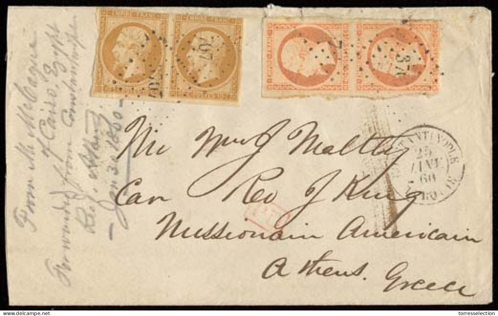 FRENCH LEVANT. 1860 (25 Jan). Constantinople - Athens / Greece. Env Frkd France 10c + 40c Pairs, Tied "3707" Romboid Dot - Other & Unclassified