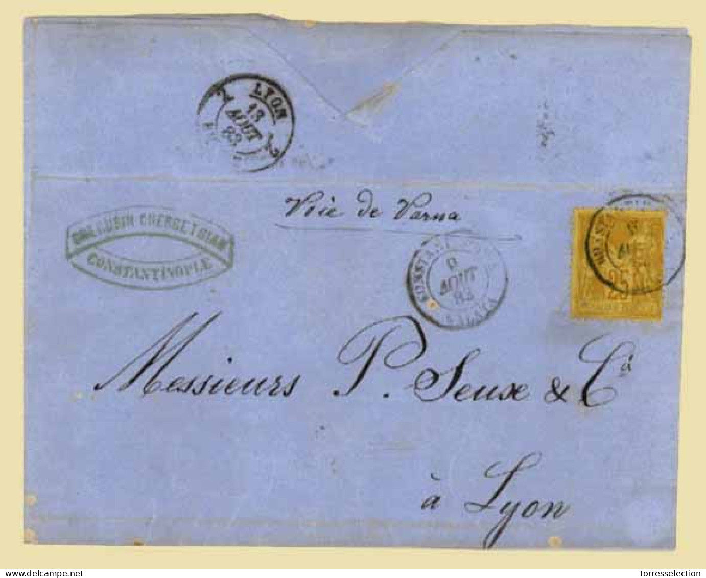 FRENCH LEVANT.  1883(Aug 9th). Entire Letter To Lyon Endorsed ‘Voie De Varna’ Franked By France 1879 25c Buff On Yellow  - Autres & Non Classés