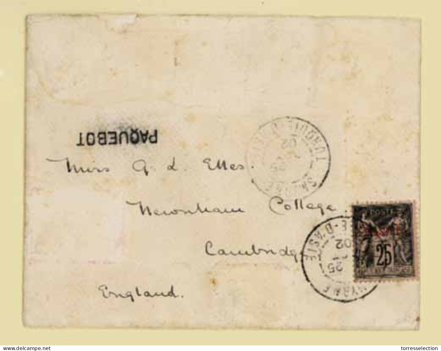 FRENCH LEVANT. 1902(Nov 25th). Cover To Cambridge Franked By Single 1886 1pi On 25c Black On Rose Tied By SMYRNE French  - Autres & Non Classés