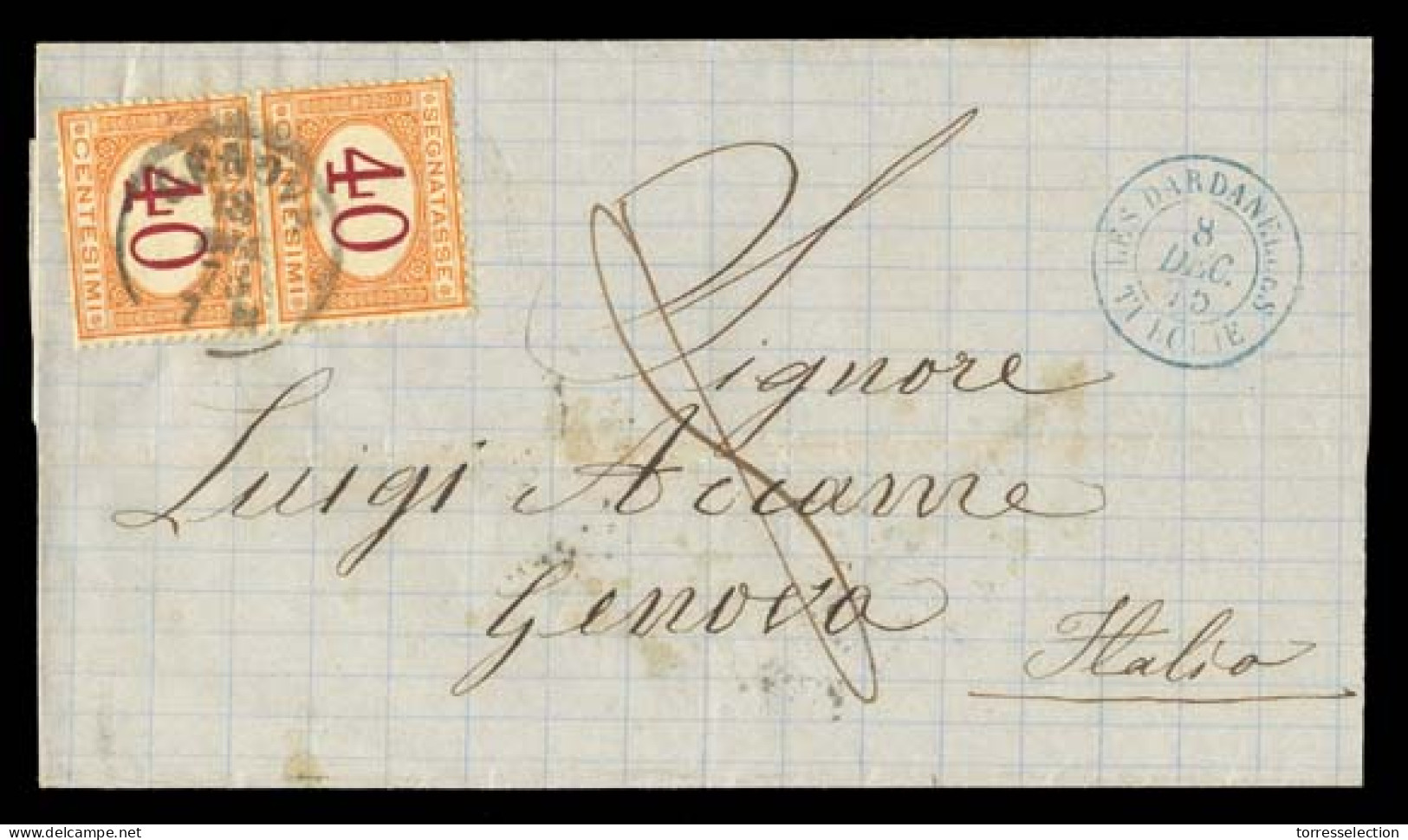 FRENCH LEVANT. FRENCH LEVANT-ITALY. 1875(Dec8). Cover To Genoa Mailed Unstamped With Superb Blue DARDANELLES-TURQUIE Fre - Autres & Non Classés
