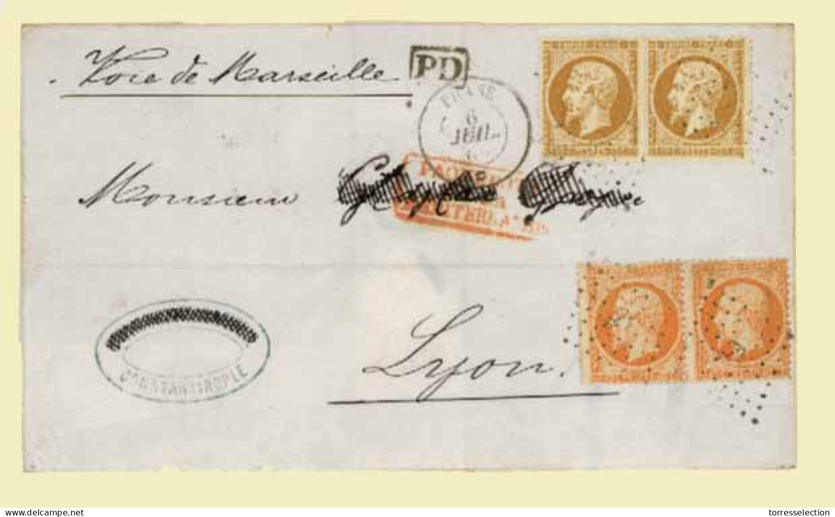 FRENCH LEVANT. A Double Rate Letter, Prepaid 1 Franc, The Stamps Being Cancelled By An "anchor In Lozenge Of Dots" Hands - Autres & Non Classés