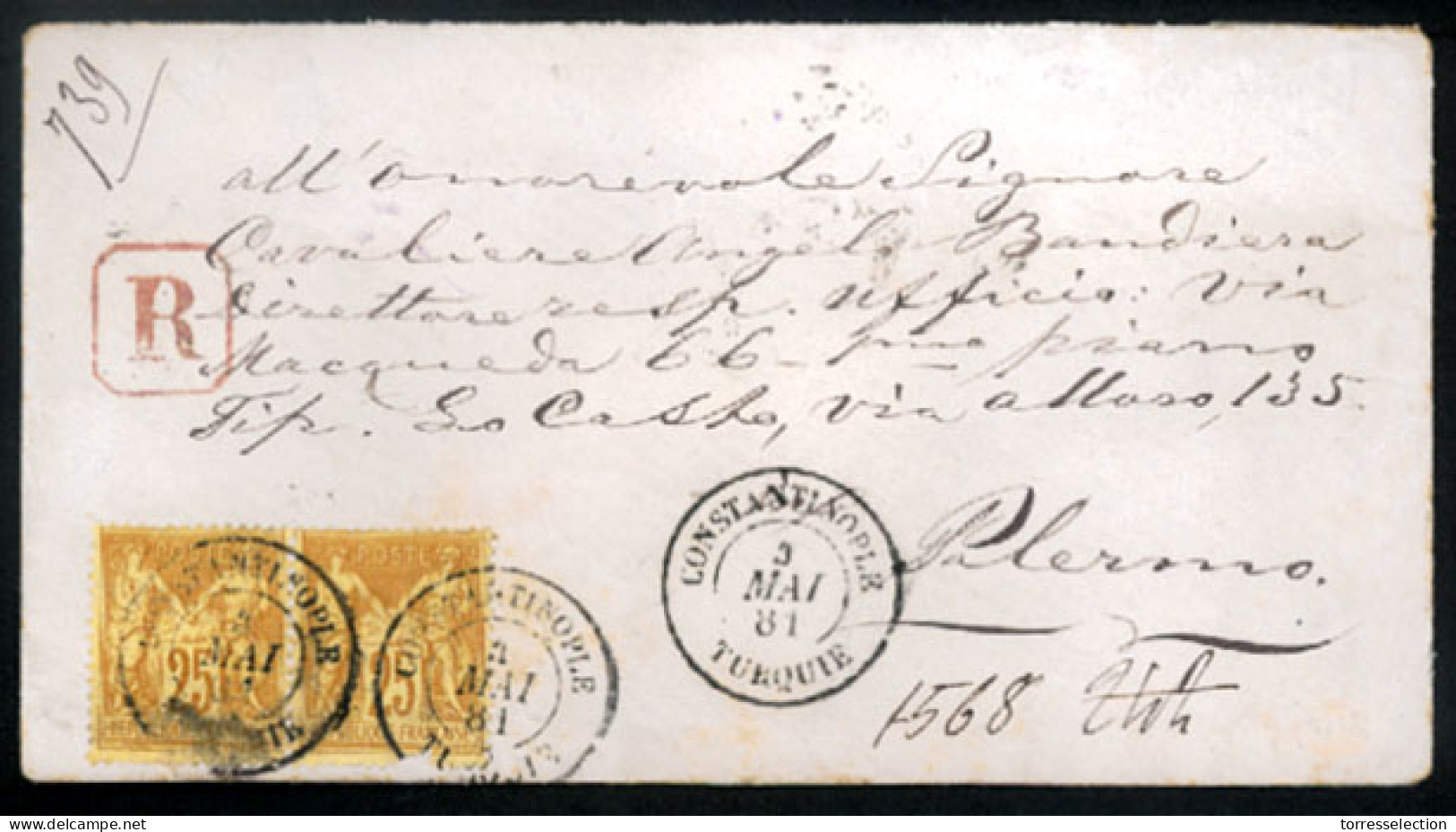 FRENCH LEVANT. 1881(May 5). Registered Cover To Palermo Franked By France Pair Of Type Sage 25c Yellow On Buff Tied By F - Autres & Non Classés