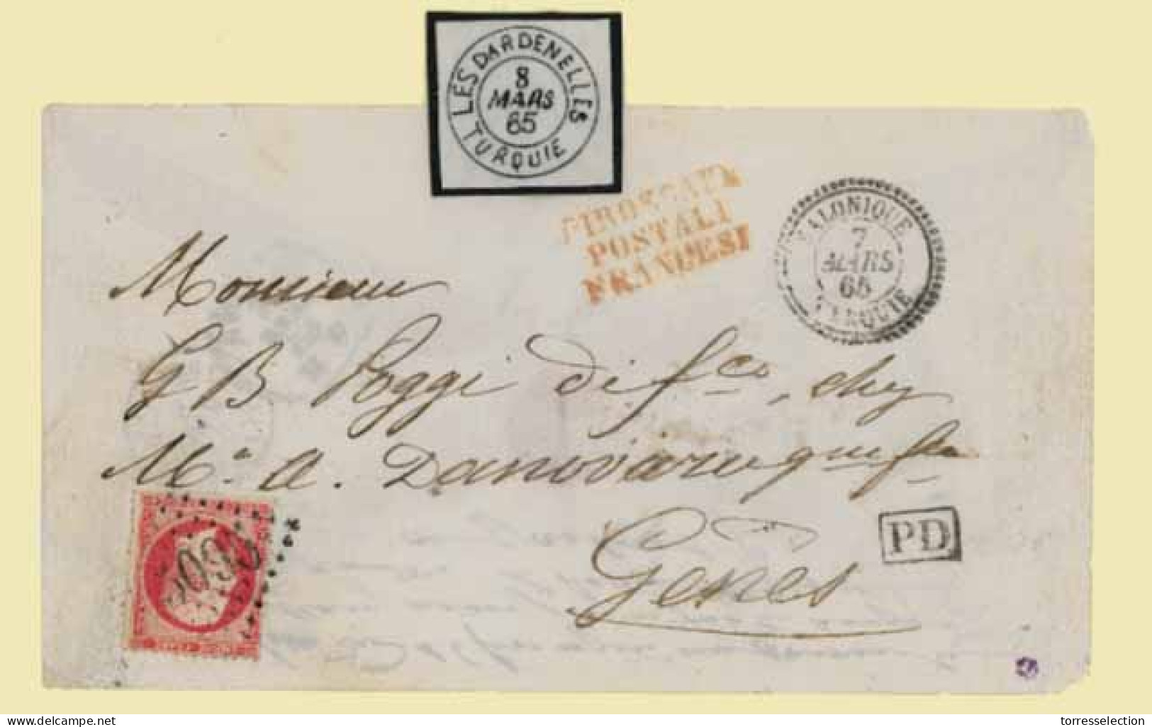 FRENCH LEVANT. 1865, March 8th. A Cover From Salonica To Genoa Prepaid 80 Centimes By A Perforated Napolean Stamp Of Fra - Autres & Non Classés