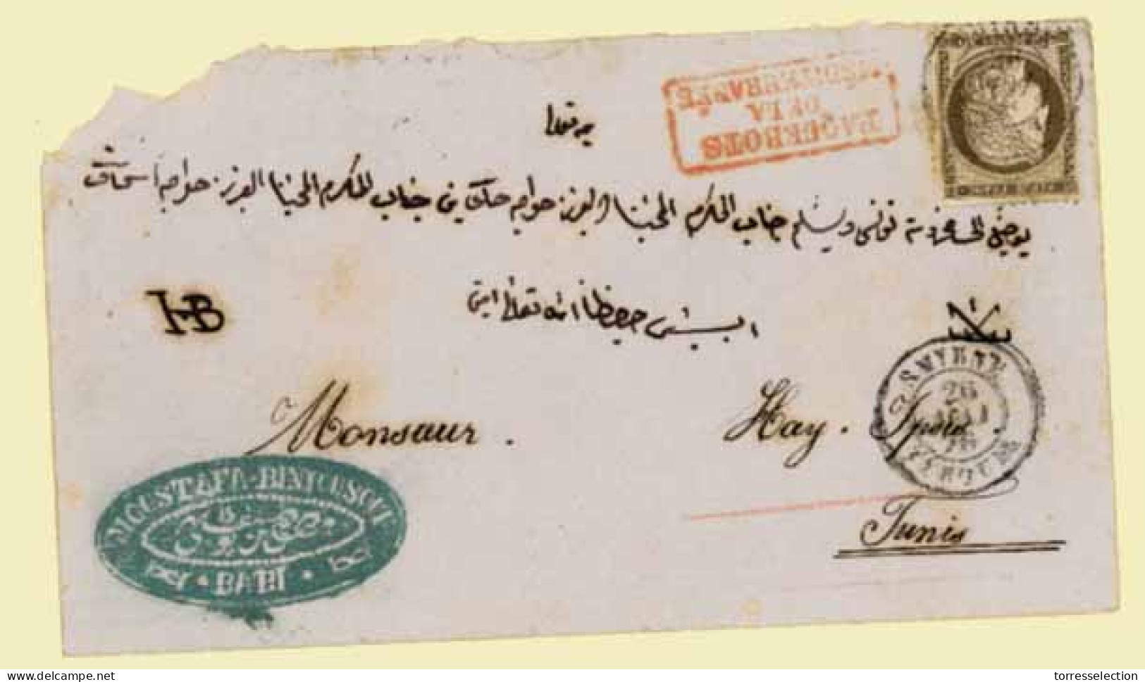 FRENCH LEVANT. 1876 (26 May).  Smyrna To Tunis.  Envelope (a Bit Roughly Opened) Franked 30c.  France, Tied Cds Also Alo - Autres & Non Classés