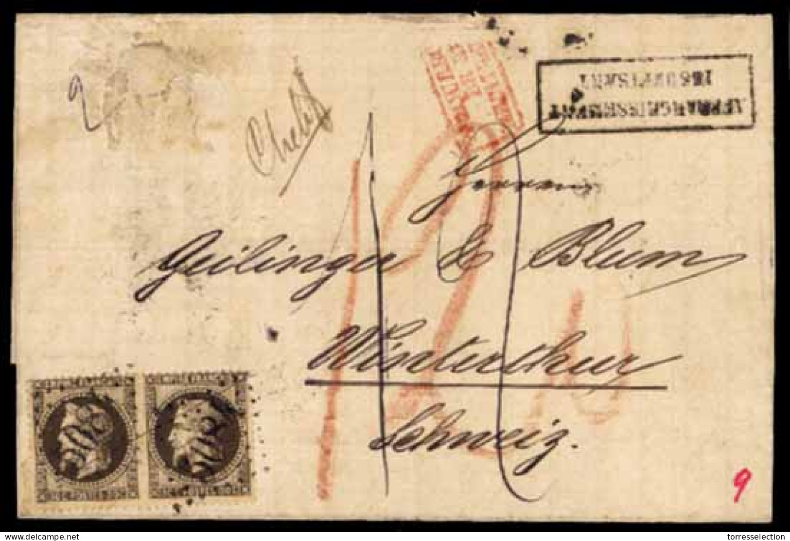 FRENCH LEVANT. SYRIA. 1870. Salonich To Winterthur (Switzerland). E. Franked With France 30c  Deep Brown Empire Perf., C - Autres & Non Classés