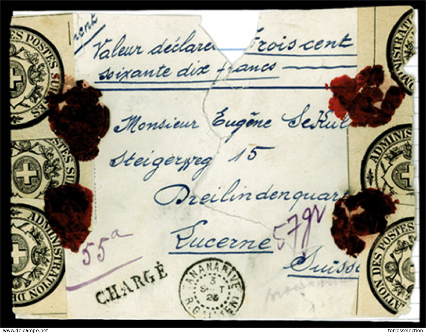 FRENCH COLONIES. MADAGASCAR. To SWITZERLAND. 1923 (Sep 3). Registered And Insured Cover (370 Francs) Sent From Tananariv - Autres & Non Classés