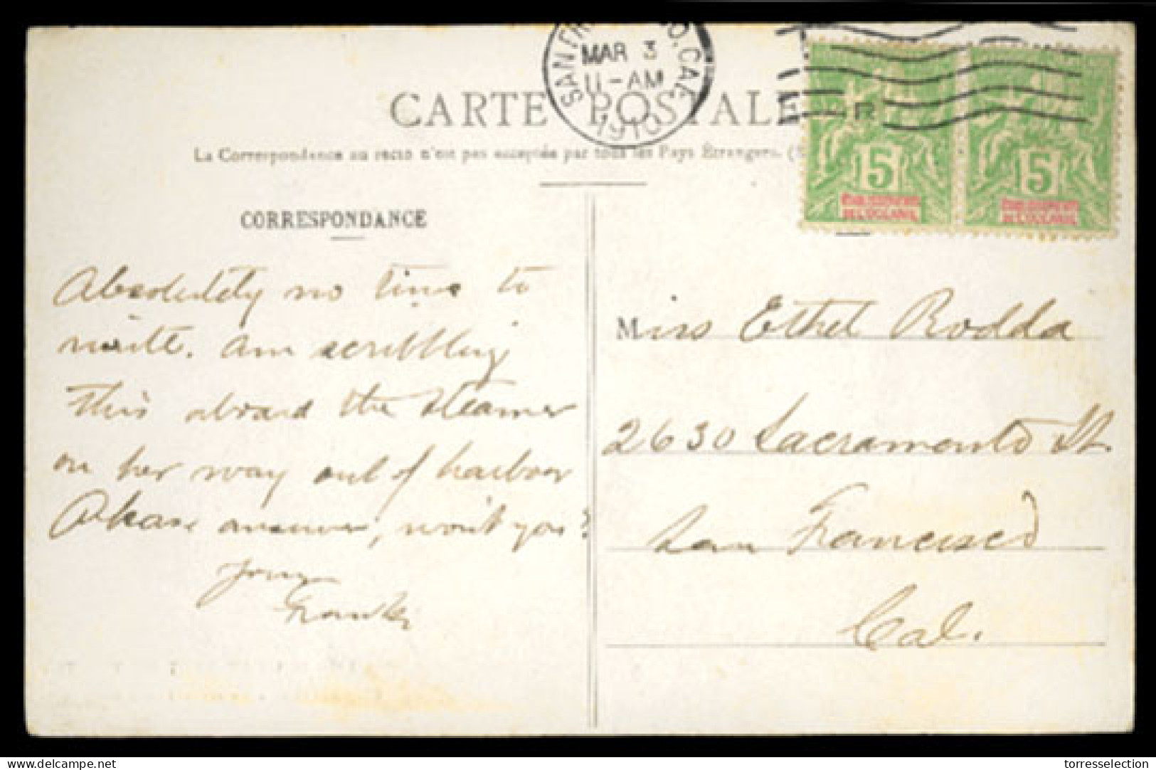 FRENCH COLONIES. TAHITI. 1910(March 3rd). Postcard To San Francisco Bearing Ocenaic Settlements 1892-1900 5c Yellow Gree - Sonstige & Ohne Zuordnung