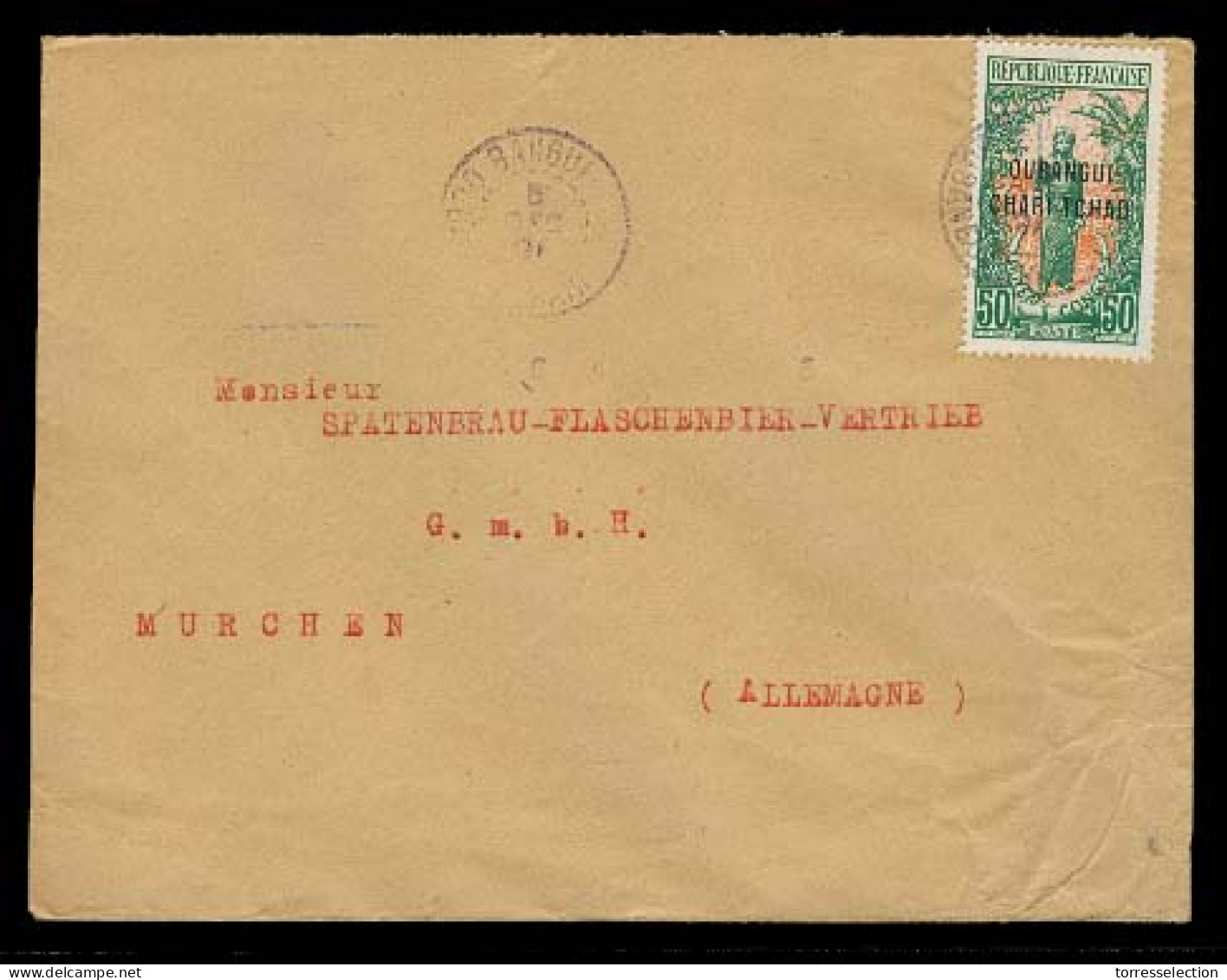 FRC - Ubangui - Shari. 1921. Bangui - Germany. Fkd 50c Ovptd Issue Env. - Sonstige & Ohne Zuordnung