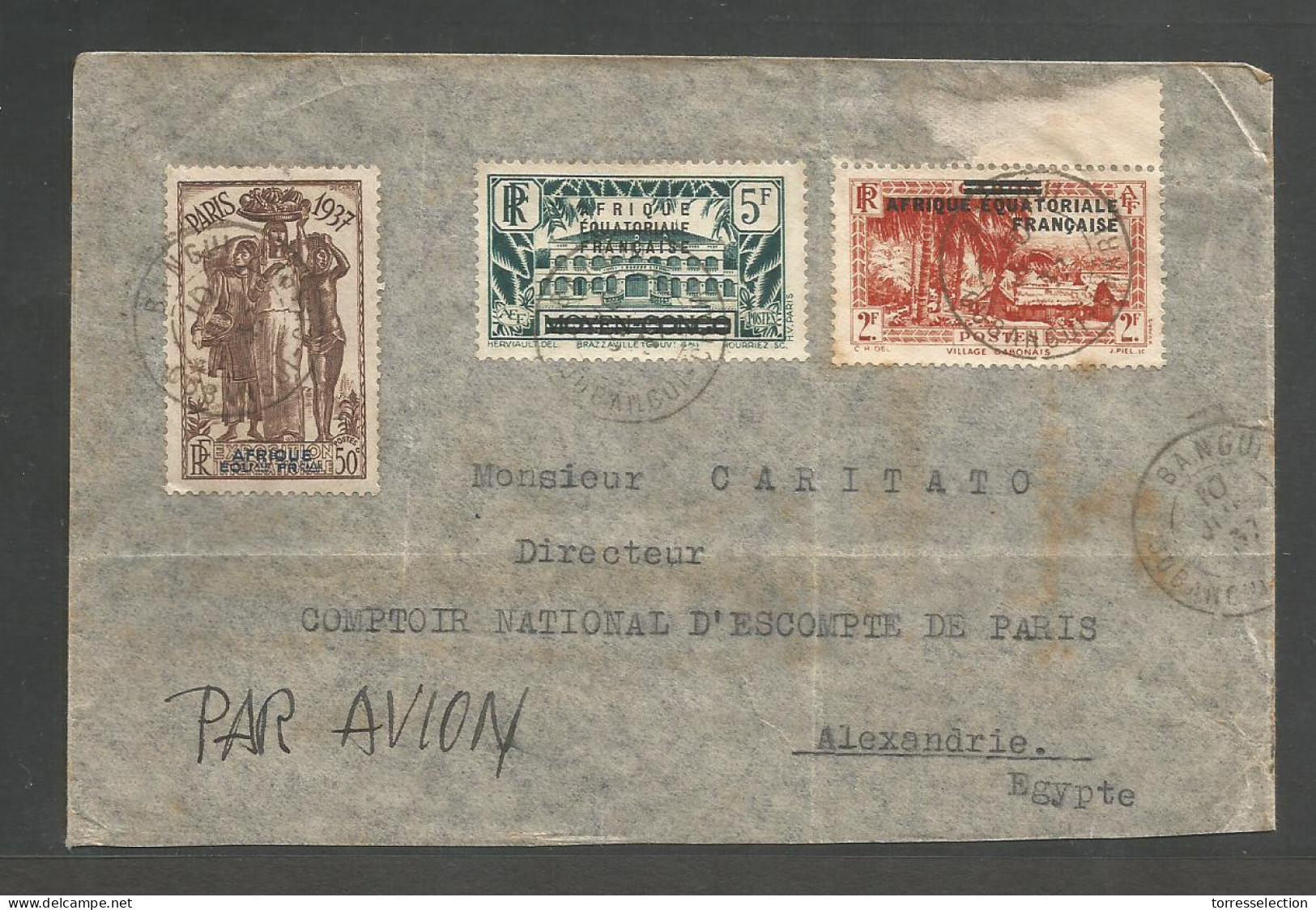 FRC - Ubangui - Shari. 1937 (10 July). Bangui - Egypt, Alex (10 July). Same Day Airmail Transportation Ovpd Issue V Fast - Sonstige & Ohne Zuordnung