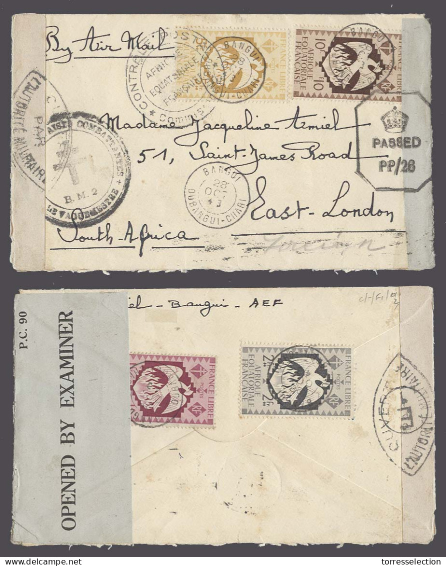 FRC - Ubangui - Shari. 1943 (28 Oct). Bangui - South Africa. Air Multifk Free France Env Dual Censored. Stamps On Front  - Autres & Non Classés