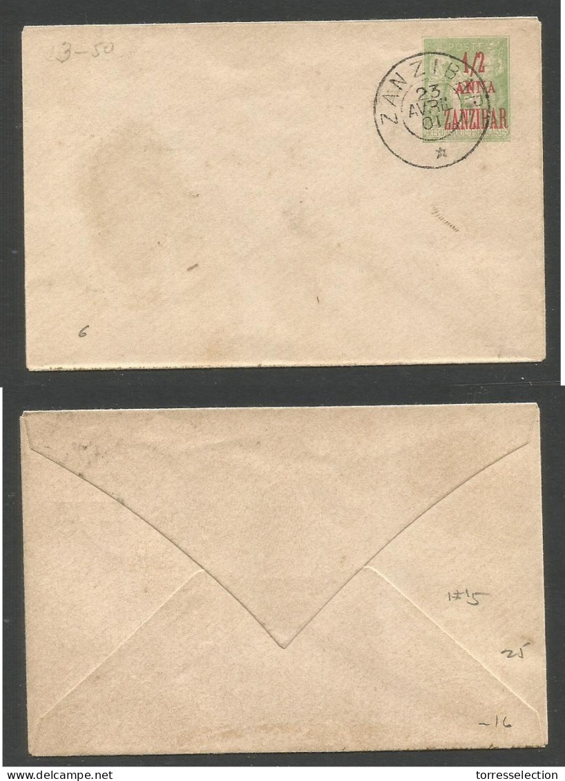 FRC - Zanzibar. 1901 (23 April) 1/2 Anna Red / 5c. Overprinted Stationary Small Envelope. Pre Cancelled. Scarce. - Autres & Non Classés