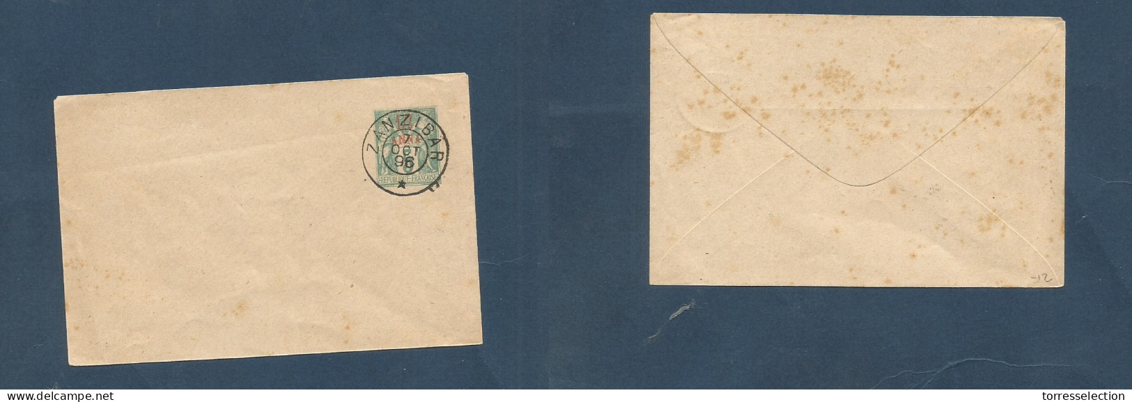 FRC - Zanzibar. 1896 (7 Oct) 1/2 Anna. Sage Ovptd Small Pre-cancelled Stat Env. VF + Scarce. - Other & Unclassified