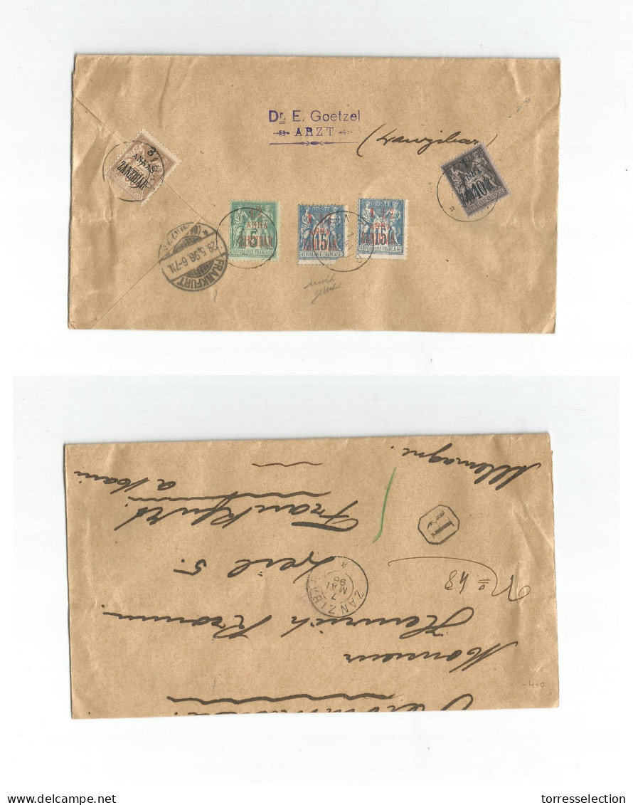 FRC - Zanzibar. 1898 (7 May) GPO - Germany, Frankfurt (29 May) Registered Reverse Multifkd Sage Ovptd Issue Envelope Inc - Sonstige & Ohne Zuordnung