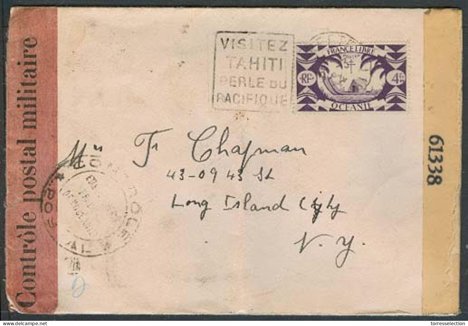 FRC - Tahiti. 1944 (6 March). Papette - USA. Pnd Censored Fkd Env. - Other & Unclassified