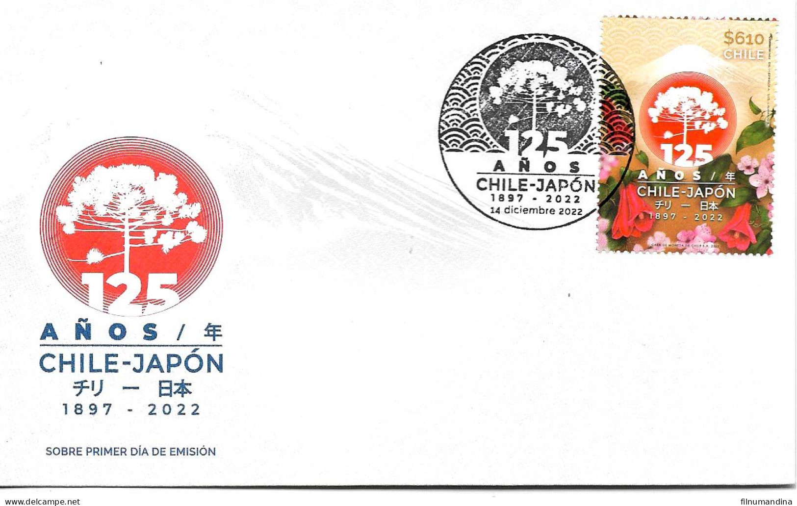 #2585B CHILE 2022 JAPAN DIPLOMATIC RELATIONN ANIV FLOWERS MOUNTAIN  FDC YV 2191 - Chile