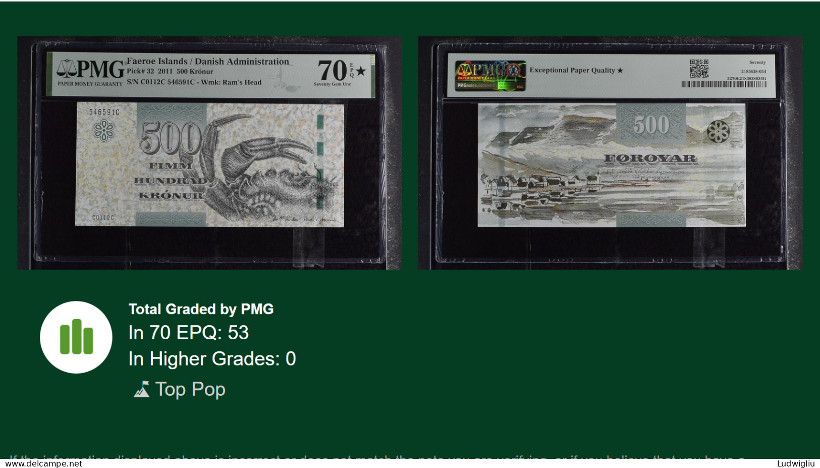 FAEROE ISLANDS/Färöer 500 KRÓNUR 2011 PMG70. EPQ STAR TOP RARE - Färöer Inseln