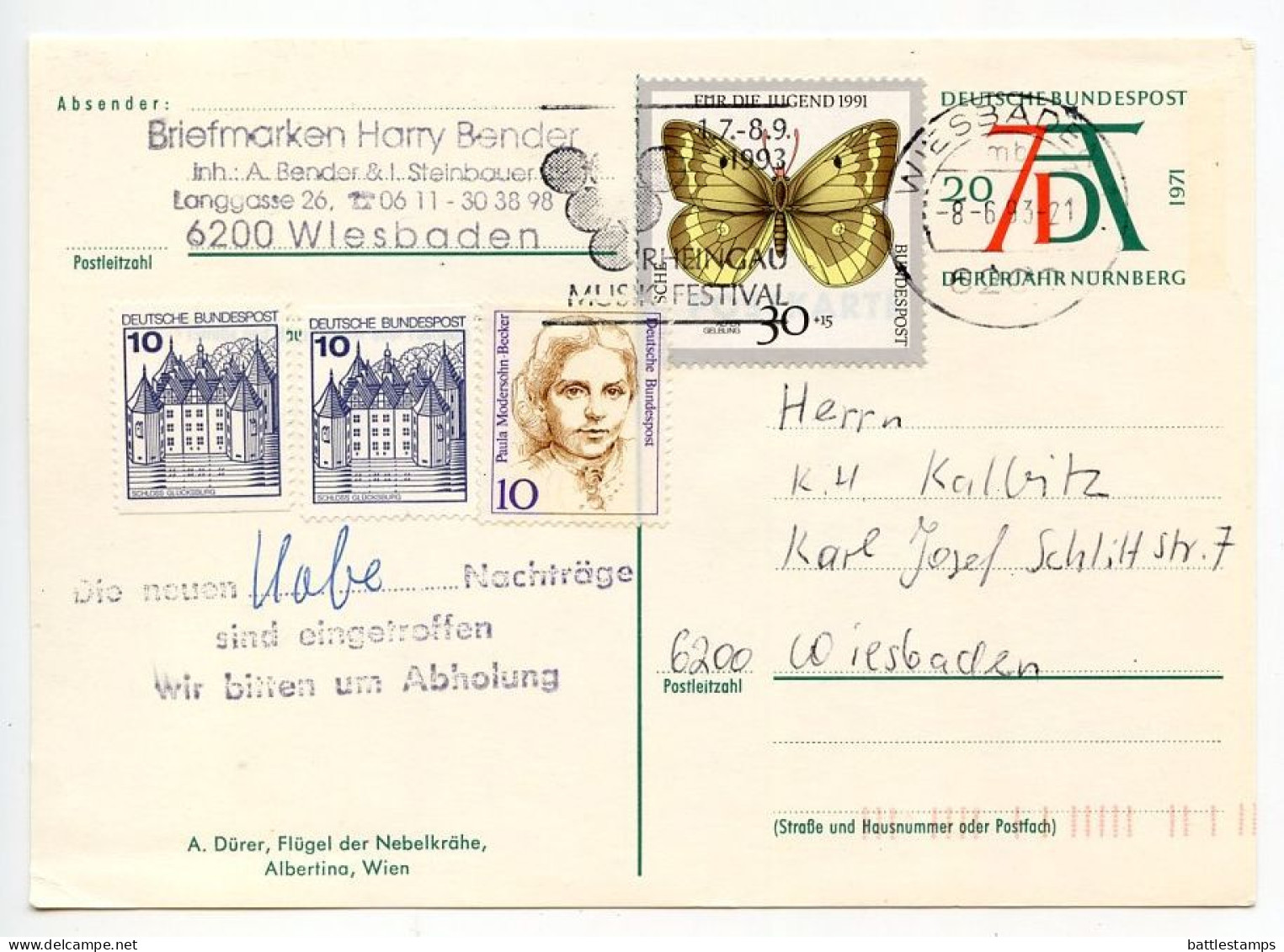 Germany 1993 Uprated 20pf. Albrecht Dürer Postal Card; Wiesbaden Slogan Cancel - Postales Ilustrados - Usados