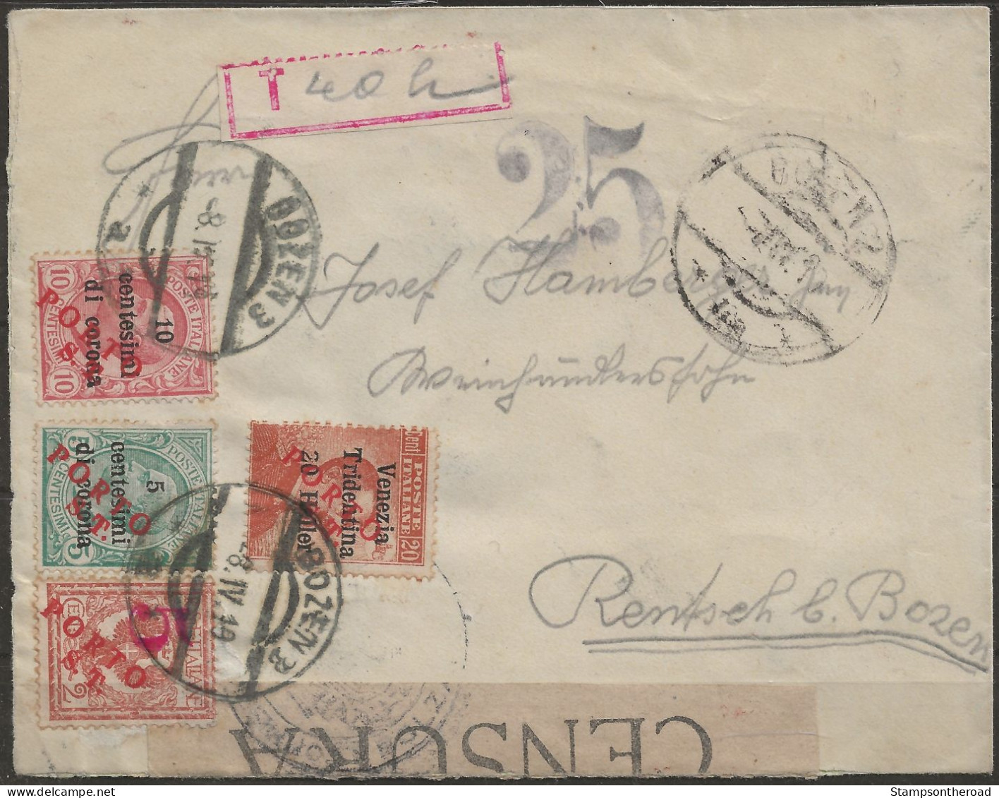 TRAA/SP01 Busta Inviata Da Bolzano L'8 Aprile 1919 Tassata Per 40 Heller, Verificata Per Censura.- - Trente