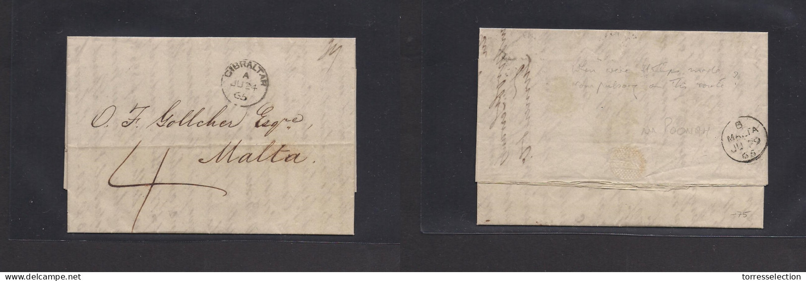 GIBRALTAR. 1865 (June 24) GPO - Malta (June 29) EL Full Text Block Small BPO On Front (letter A) Reverse Small Cds (lett - Gibraltar