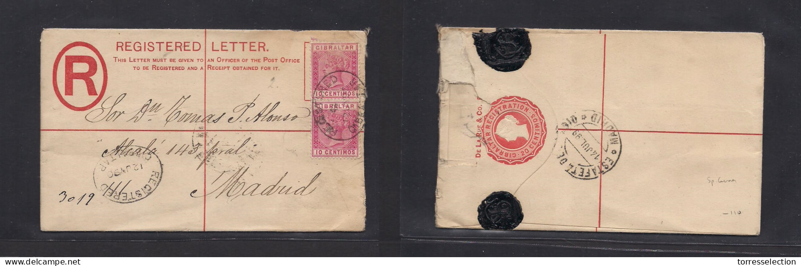 GIBRALTAR. 1890 (12 July) GPO - Madrid (14 July) Spanish Currency. 20 Centimos Red Registered Envelope + 10c Red (x2) Ov - Gibraltar