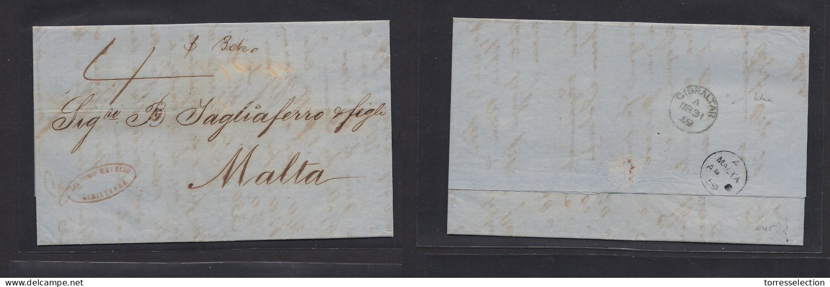 GIBRALTAR. 1859 (31 March) GPO - Malta. EL Full Text Rever Small BPO In Blue (xxx) + Arrival Cds "A" Small Type. VF Mns  - Gibraltar