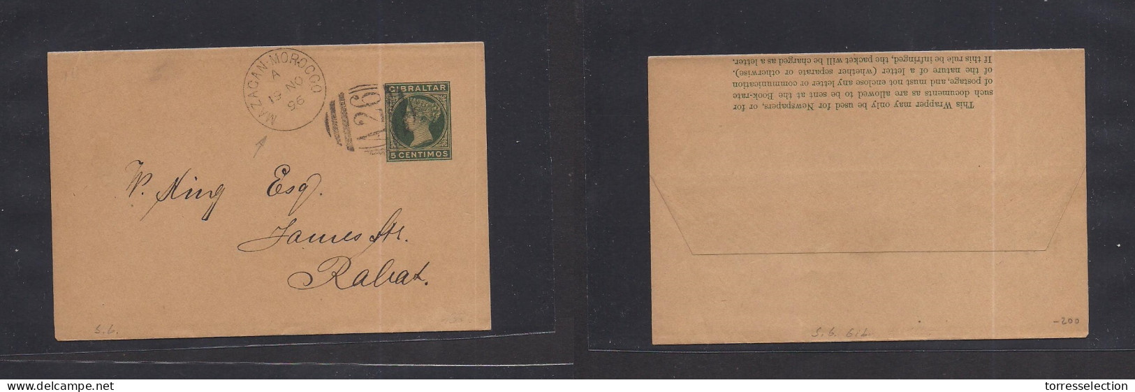 GIBRALTAR. 1896 (19 Nov) Offices In Marruecos, Mazagan - Rabat. 5 Centimos Spanish Currency Green Stationary Wrapper Can - Gibraltar