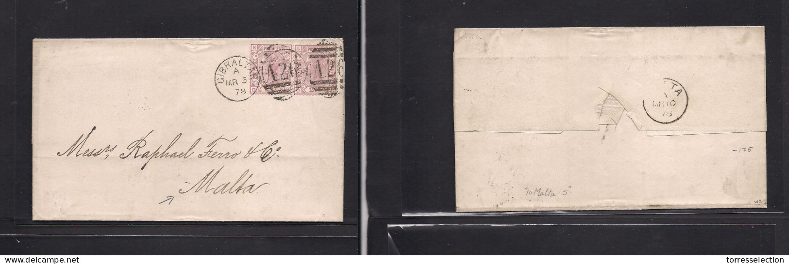 GIBRALTAR. 1878 (5 March) GPO - Malta (10 March) E Fkd GB 2 1/2d Lila Hong Pair Plate 10, Tied A-26 Grill + Cds. VF. - Gibraltar