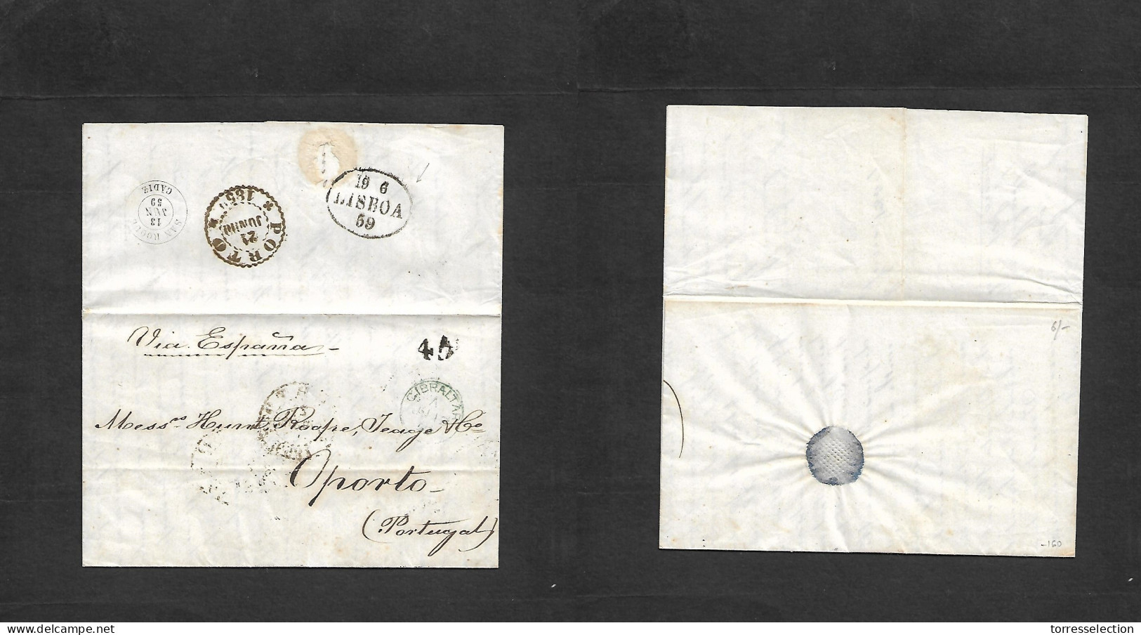 GIBRALTAR. 1859 (13 June) GPO - Portugal, Oporto (21 June) Via GPO Letter A In Blue On Front (xx). Spain San Roque And L - Gibraltar