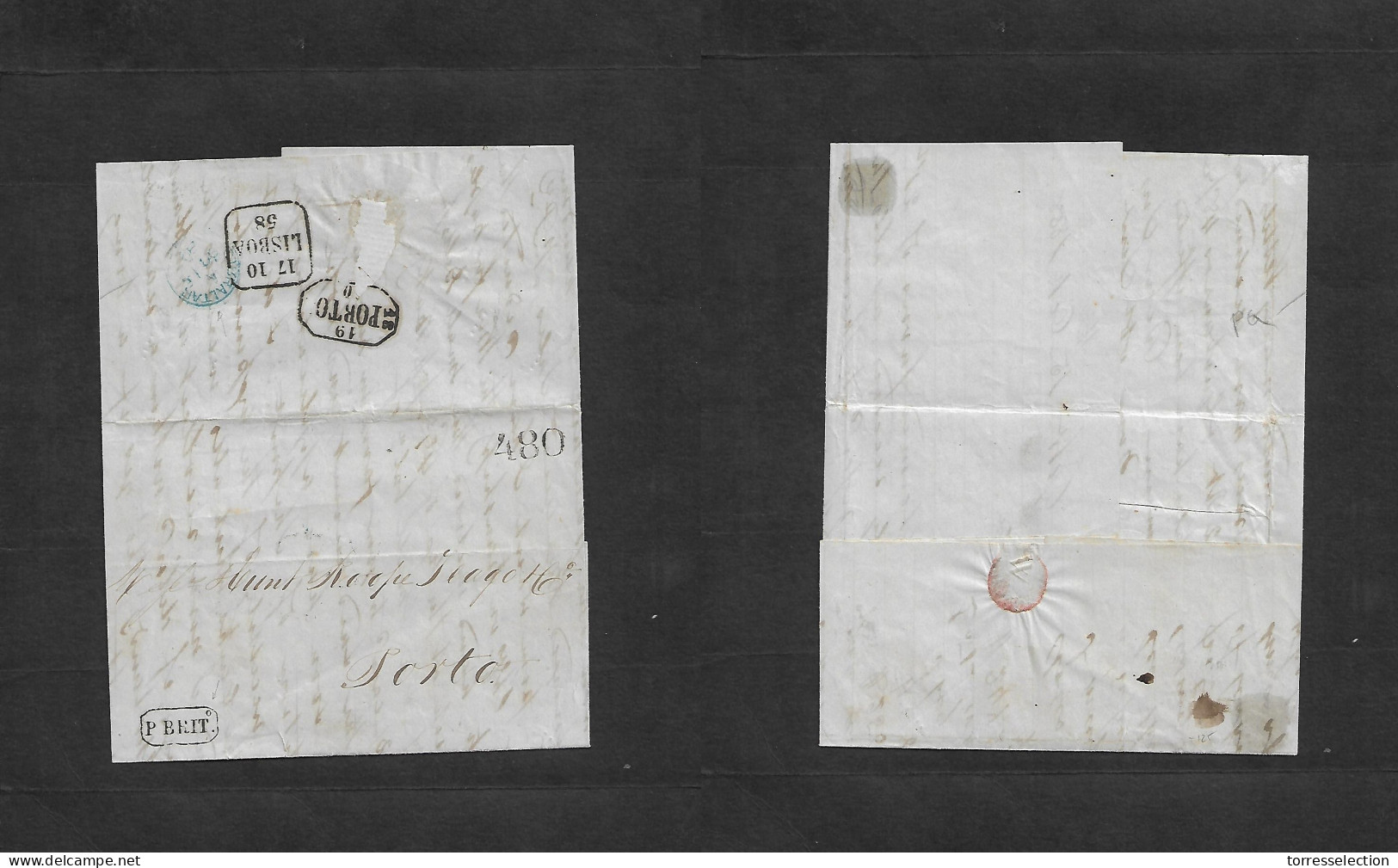 GIBRALTAR. 1858 (15 Oct) GPO - Portugal, Porto (19 Oct) Via BPO Letter A In Blue On Reverse (xx/RR) And Lisbon (17 Oct)  - Gibraltar