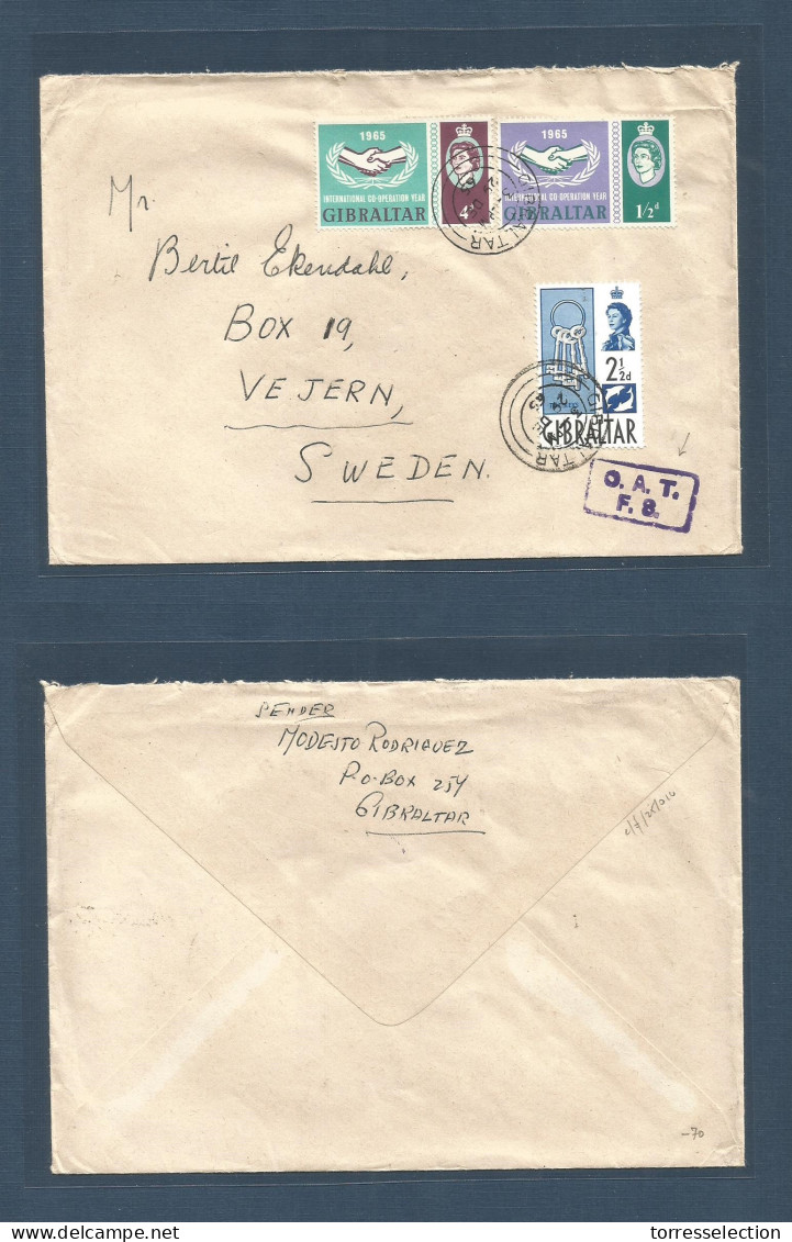 GIBRALTAR. 1965 (29 Dec) OAT. GPO - Sweden, Vejern. Multifkd OAT /F( Env At 7d Rate. Fine And Scarce Late Air Usage Cach - Gibraltar